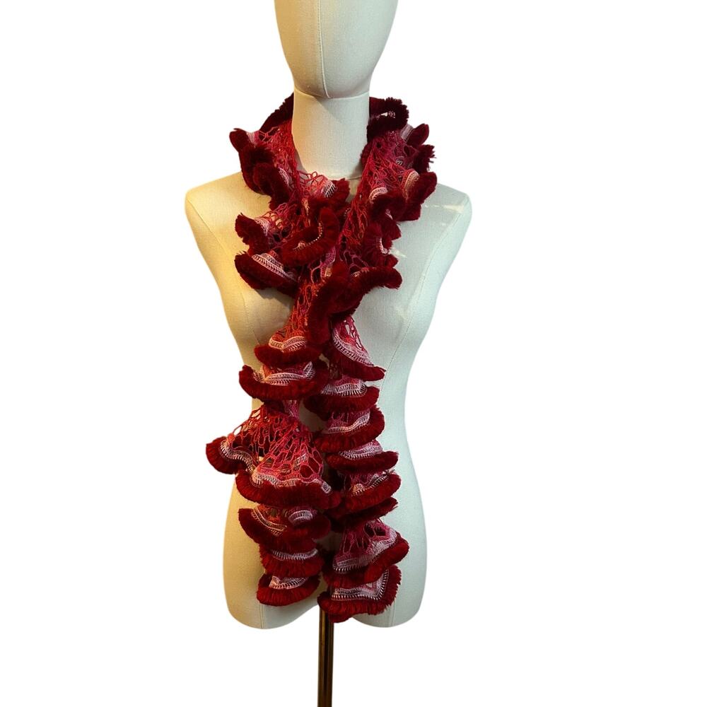 VTG Handmade Ruffle Sash Scarf Burgundy Faux Fur Whimsygoth Coquette Aesthetic